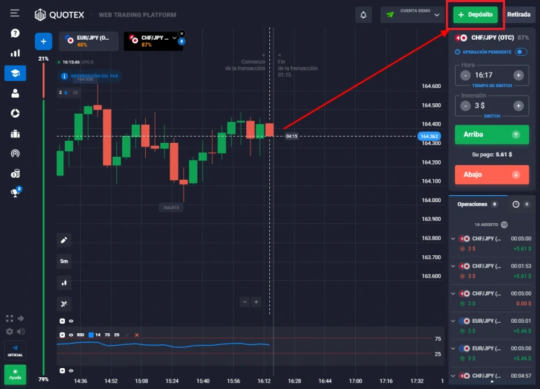 Depositar en Quotex